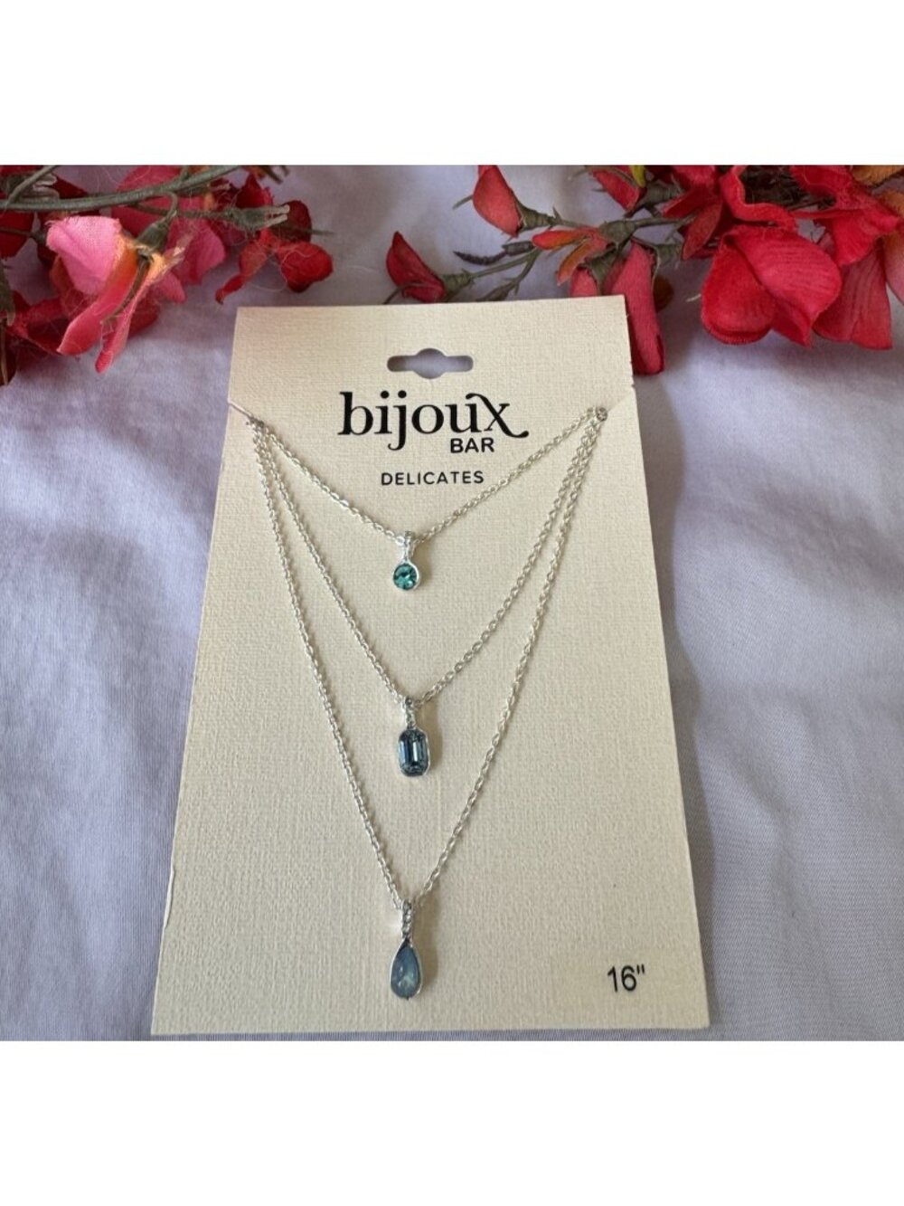 Bijoux Bar Delicates 3 Chain 16" Blue Stones Cubic Zirconia Silver Tone Necklace